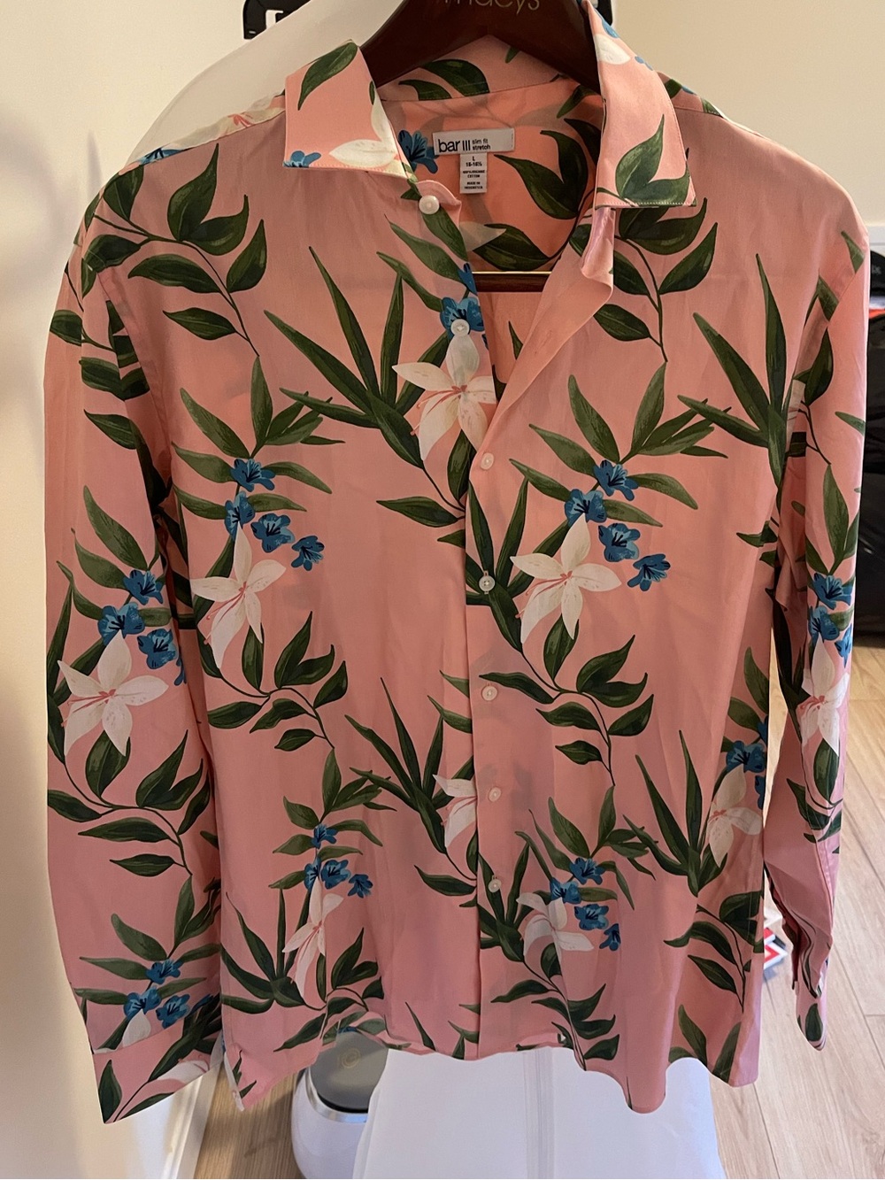 Bar III Pink Floral Button-Down Shirt with Green & Blue Print